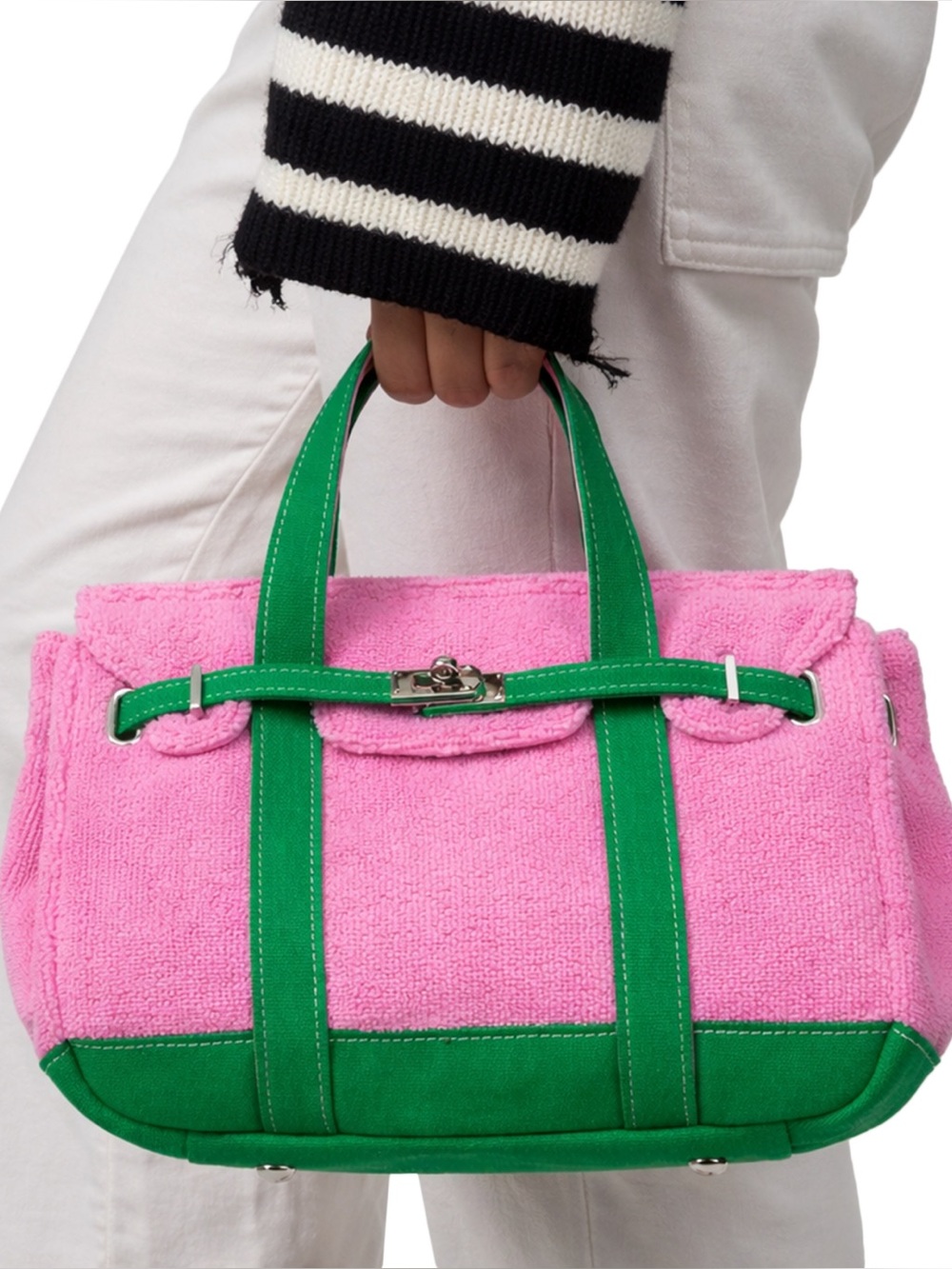 Sunwin Madaket Terry and Cotton Canvas Small Tote Handbag Pink and Green